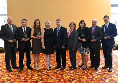 Judge John Kennedy of Pennsylvania, Commissioner Joseph Farrow of the California Highway Patrol, Andrea Brands of ATT&T/It Can Wait Campaign, Brandy Nannini of the Foundation for Advancing Alcohol Responsibility, GHSA Chairman Kendell Poole, Laura Glaza of the Allstate Foundation, Maureen McCormick (accepting for Nassau County District Attorney Kathleen Rice), me, and Jeff Larson of the Safe Roads Alliance/ Parents Supervised Driving Program